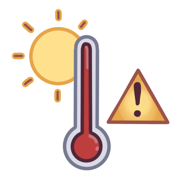  a thermometer with a sun behind it, and a yellow caution triangle on the other side.